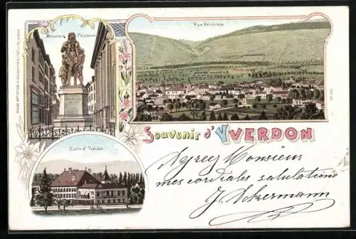 Lithographie Yverdon, Monument Pestalozzi, Bains d`Yverdon, Vue générale