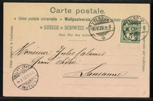 Lithographie Yverdon, Monument Pestalozzi, Bains d`Yverdon, Vue générale