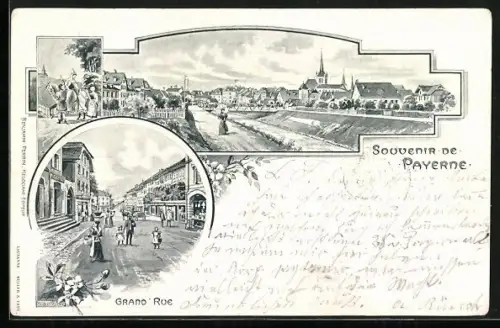 Lithographie Payerne, Vue générale, Grand Rue