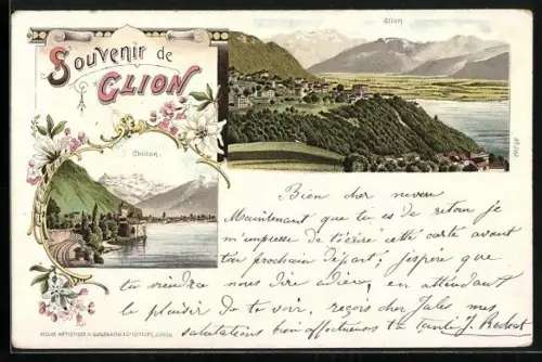 Lithographie Glion /VD, Ortsansicht, Château de Chillon, Seeidylle