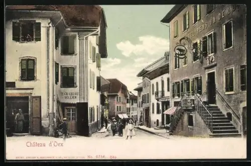 AK Château d`Oex, Une Rue avec Hotel et Pension, Sellier F. Chabloz