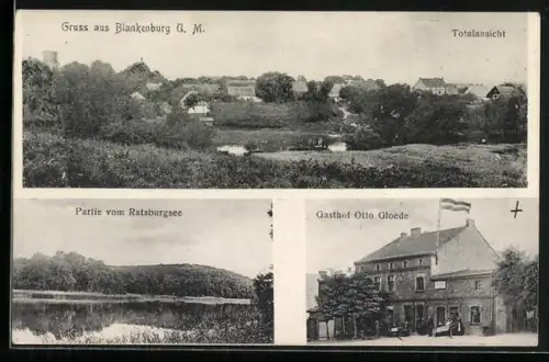 AK Blankenburg / Uckermark, Gasthof Otto Gloede, Partie vom Ratsburgsee, Totalansicht
