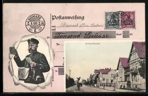 AK Bismark / Altmark, Bahnhofstrasse, Passepartout mit Postanweisung und Briefträger