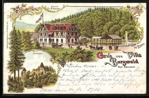 Lithographie Eberstadt / Bergstr., Gasthaus Villa Burgwald, Burg Frankenstein