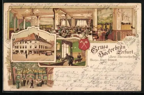 Lithographie Erfurt, Hotel Rheinischer Hof, Innen- und Aussenansicht, Billardzimmer