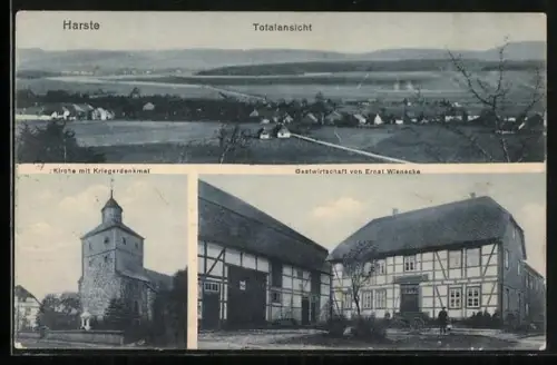 AK Harste, Gasthaus von Ernst Wienecke, Kirche mit Kriegerdenkmal und Totalansicht