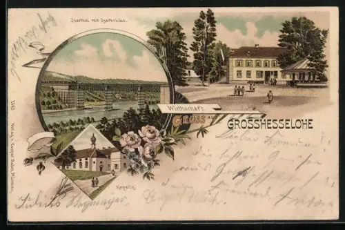 Lithographie Grosshesselohe, Gasthaus, Kapelle, Isartal mit Isarbrücke