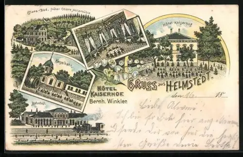 Lithographie Helmstedt, Hotel Kaiserhof von Bernh. Winkler, Bahnhof, Kegelbahn, Clara-Bad