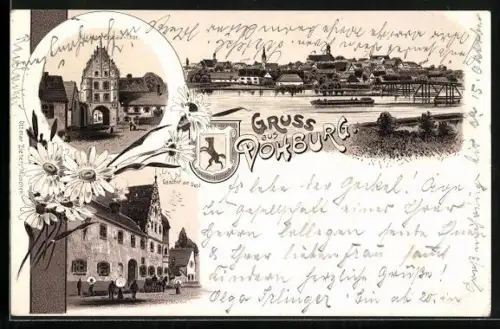 Lithographie Vohburg, Gasthof zur Post, Kleines Donau-Tor, Flusspartie
