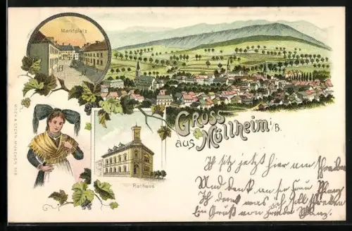 Lithographie Müllheim i. B., Marktplatz, Rathaus und Totalansicht