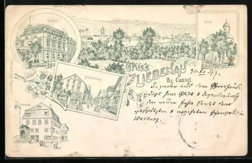Lithographie Liebenau / Kassel, Hauptstrasse, Rathaus und Schloss