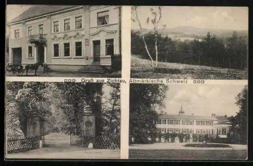 AK Zichtau, zwei Gebäude, Landschaftspartie & Eingang