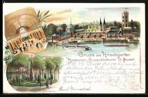 Lithographie Berlin-Hirschgarten, Restaurant Aussichtsturm, Bes. Th. Buwert, Floraplatz, Dampfer