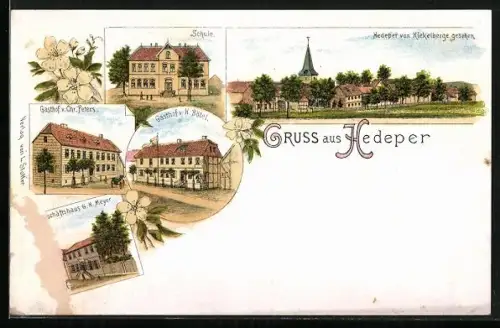 Lithographie Hedeper, Gasthof H. Bötel, Gasthof von Chr. Peters, Schule und Ortsansicht