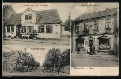 AK Neinstedt a. Harz, Restaurant zur Eisenbahn, Geschäftshaus Albrecht und Bahnhofstrasse