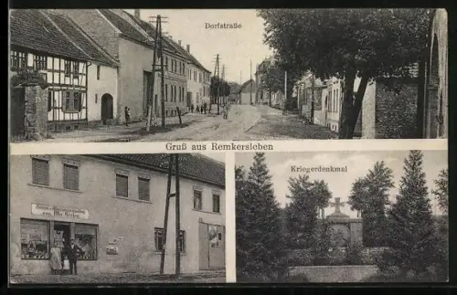 AK Remkersleben, Kolonialwarenhandlung von Otto Aepler, Dorfstrasse, Kriegerdenkmal