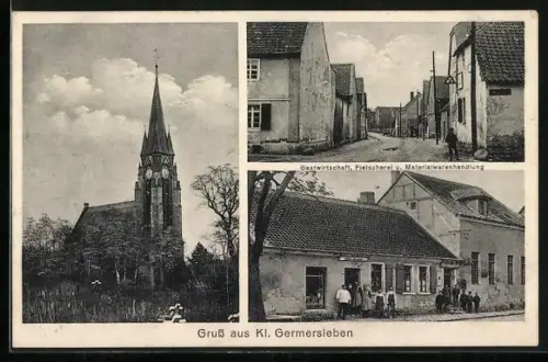 AK Kl. Germersleben, Gasthof, Fleischerei u. Materialwarenhandlung, Kirche