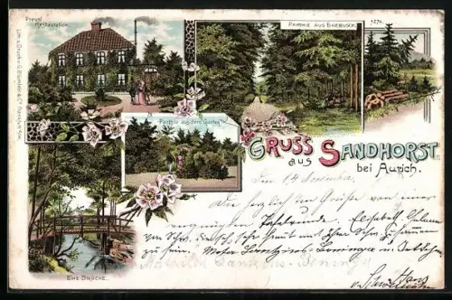 Lithographie Sandhorst, Partie aus dem Garten, Preusl Restaurant, Ehe-Brücke