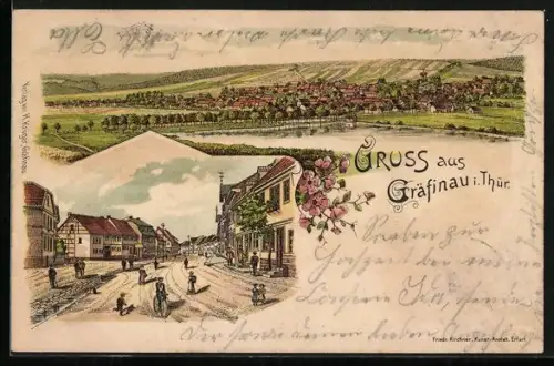 Lithographie Gräfinau, Blick zum Ort, Strassenpartie, Fahrrad