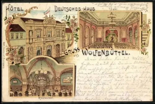 Lithographie Wolfenbüttel, Hotel Deutsches Haus mit Bühne und Restaurant