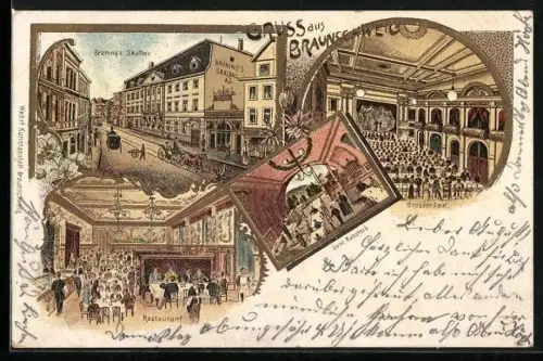 Lithographie Braunschweig, Gasthaus Brüning`s Saalbau, Restaurant, Grosser Saal, zum Rebstork