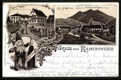 Lithographie Rammersweier, Gasthaus zur Blume, Zwerg mit Flasche vom Weingarten, Brandeckturm