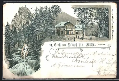 AK Ilsethal, Gasthof Prinzess Ilse mit Besuchern, Bachpartie im Wald
