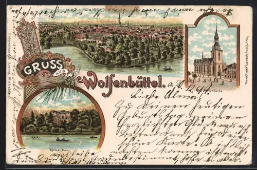 Lithographie Wolfenbüttel, Café, Marienkirche und Panorama