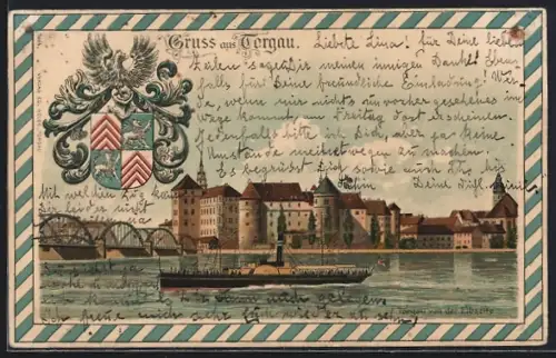 Lithographie Torgau, Ortsansicht von der Elbseite, Dampfer