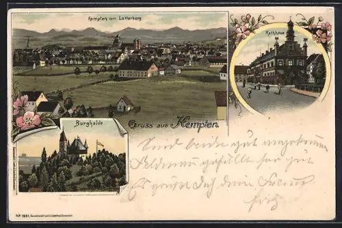 Lithographie Kempten / Allgäu, Totalansicht vom Lotterberg, Burghaide, Rathaus