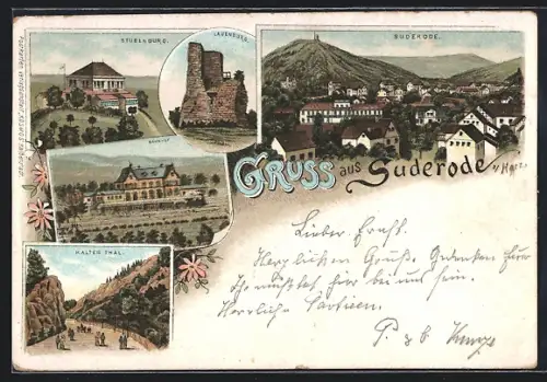 Lithographie Suderode /Harz, Ortsansicht, Stubenberg, Bahnhof