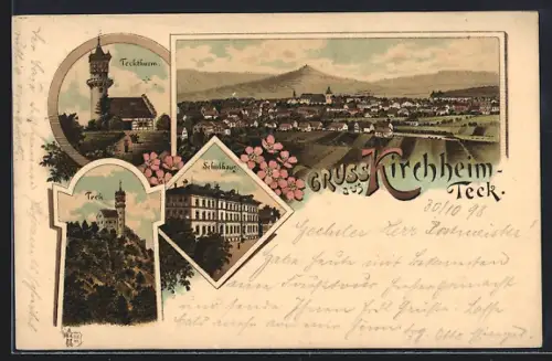 Lithographie Kirchheim /Teck, Teckturm, Schulhaus, Totalansicht