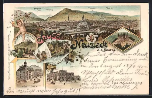 Lithographie Neustadt a. d. Haardt, Hotel Löwen, Saalbau, Schönthal