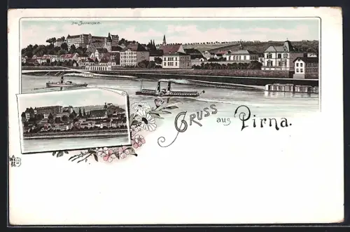 Lithographie Pirna, Panorama mit Sonnenstein