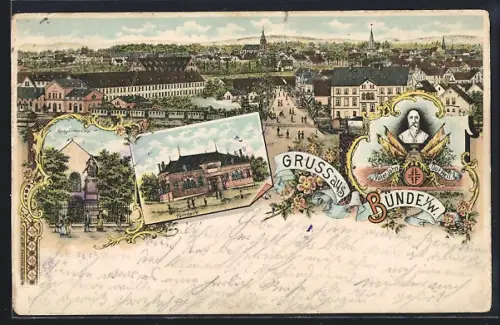 Lithographie Bünde i. W., Turnhalle, Bahnlinie im Ort, Turnvater Jahn