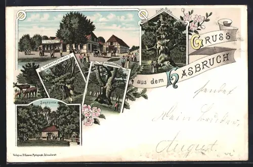 Lithographie Hasbruch, Gasthof zur Falkenburg H. W. Mohrmann mit Strasse, Liedertafeleiche, Jagdhütte
