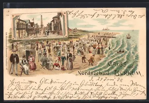 Vorläufer-Lithographie Borkum, 1894, Buntes Treiben am Strand, Strandstrasse