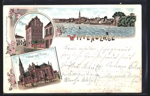 Lithographie Wittenberge, Ortsansicht vom Wasser, Am Steintor