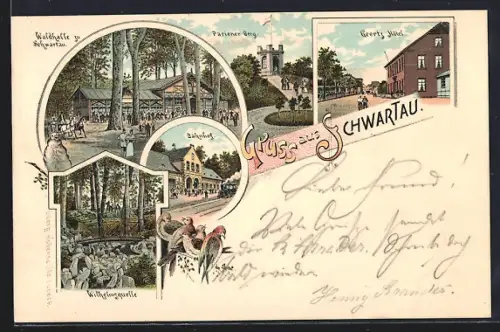 Lithographie Schwartau, Bahnhof, Gasthaus Waldhalle, Geertz Hotel, Pferdekutsche, Eisenbahn, Vögel