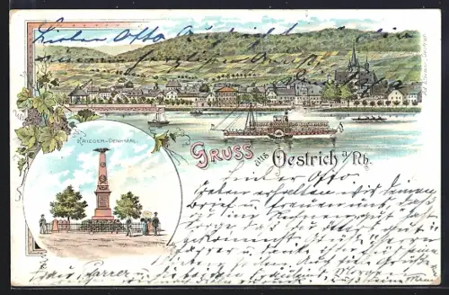 Lithographie Oestrich a. Rh., Krieger-Denkmal, Flusspartie