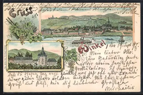 Lithographie Winkel / Rhein, Schloss Vollrads, Dampfer auf dem Wasser