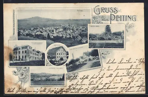 AK Peiting, Hauptplatz m. Krieger-Denkmal, Lourdes Grotte, Knaben-Schule