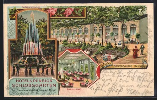Lithographie Hannover-Herrenhausen, Hotel & Pension Schlossgarten, Fontaine Lumineuse, Speise-Saal