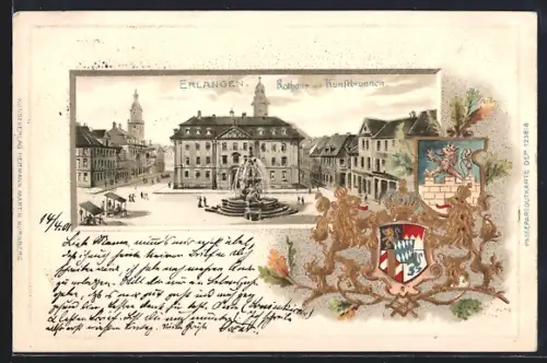 Passepartout-Lithographie Erlangen, Rathaus mit Kunstbrunnen, Wappen