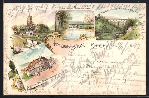 Lithographie Kreiensen, Hotel Deutsches Haus von Ad. Schelm, Alte Burgruine