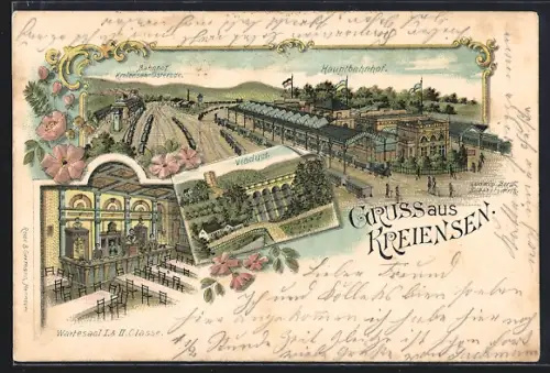 Lithographie Kreiensen, Hauptbahnhof mit Dampflok aus der Vogelschau, Viaduct, Innenansicht vom Wartesaal der 1-2 Klasse