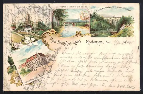 Lithographie Kreiensen, Hotel Deutsches Haus von Ad. Schelm, Alte Burg-Ruine, Eisenbahnbrücke