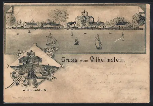 Lithographie Wilhelmstein, Burg und Flusspanorama am Ort