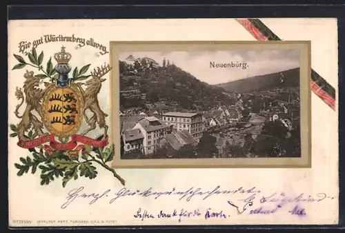 Passepartout-Lithographie Neuenbürg / Württb., Ortsansicht mit Wappen