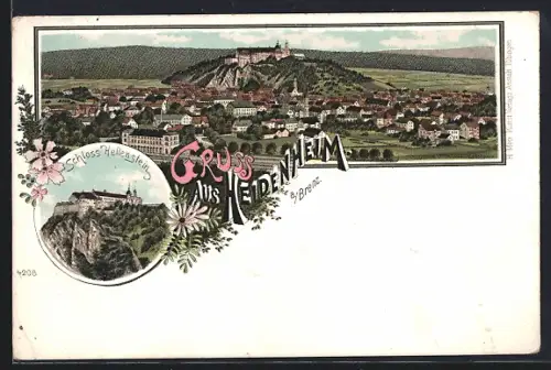 Lithographie Heidenheim a. Brenz, Schloss Hellenstein, Ortspanoarama